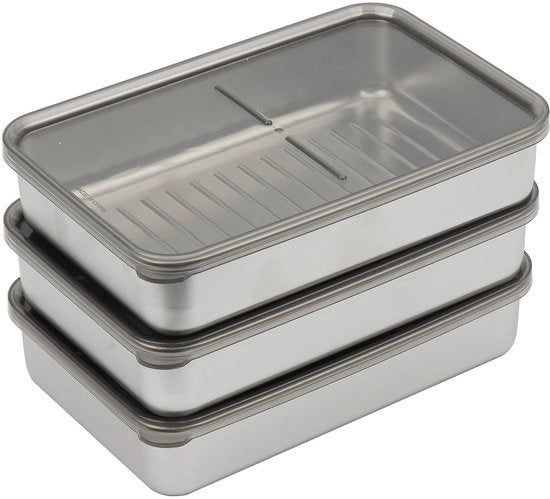 Set di contenitori per carne refrigerata, 3-pack contenitori in acciaio inossidabile per carne, cassetti per alimenti stivabili, contenitori per conservazione del cibo 900 ml