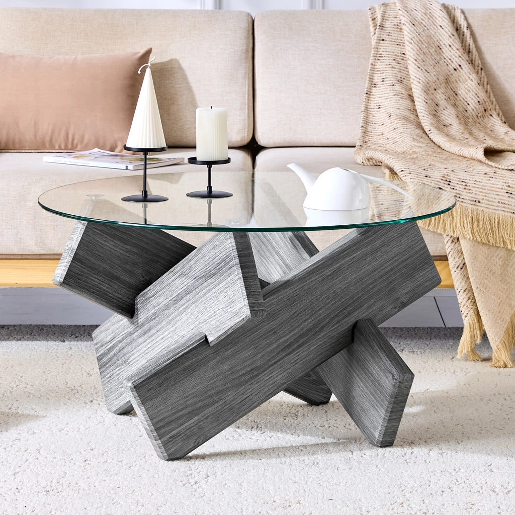 Tavolino da caffè rotondo in MDF e vetro, Ø 79 cm, grigio e trasparente