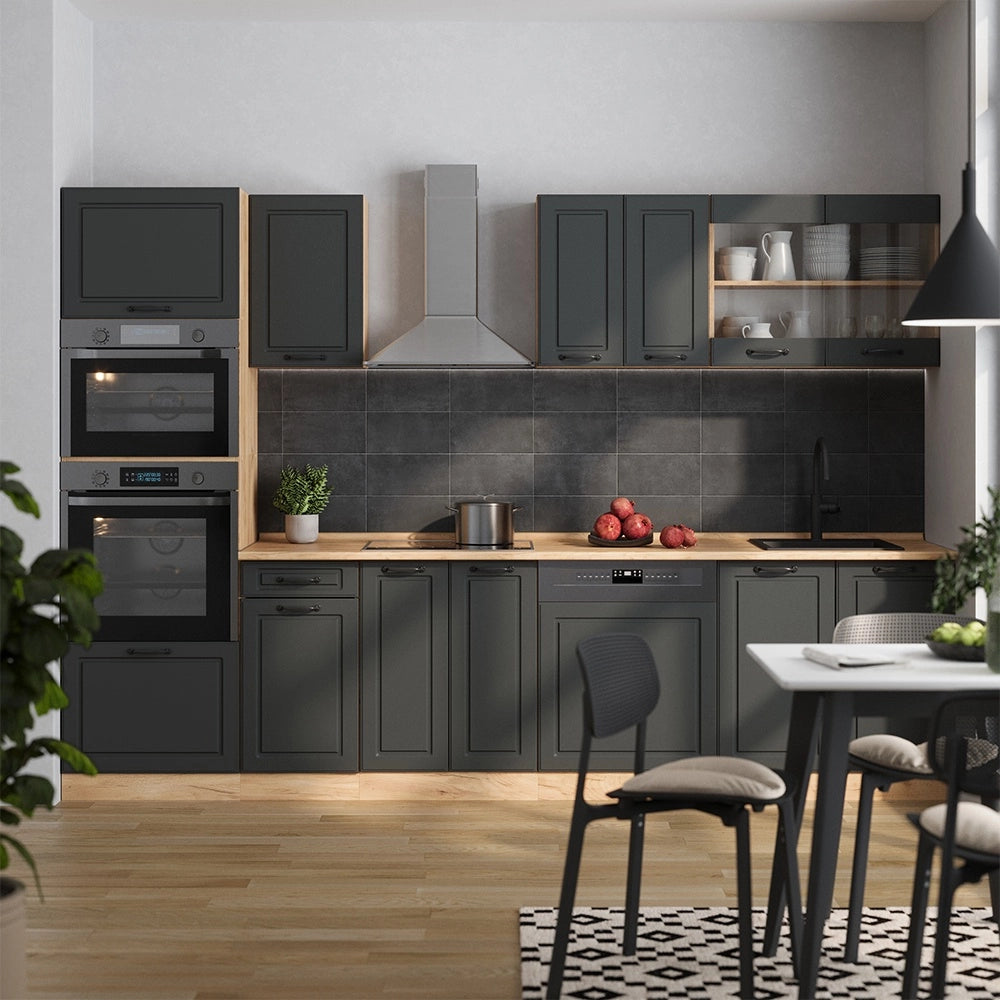 Cucina componibile R-Line Antracite rustico/Rovere dorato 300 cm con armadio alto, PL Rovere Vicco