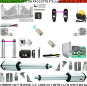 Kit Apricancello 7 Metri 2 Ante da 3,5 MT 2 Motori Elettromeccanici Reversibili 230 V Centrale 2 Coppie Fotocellule 2 Radiocomandi Salvavita Faro Serratura Paletto Selettore 2 Scatole Fusibili 2 Cavi