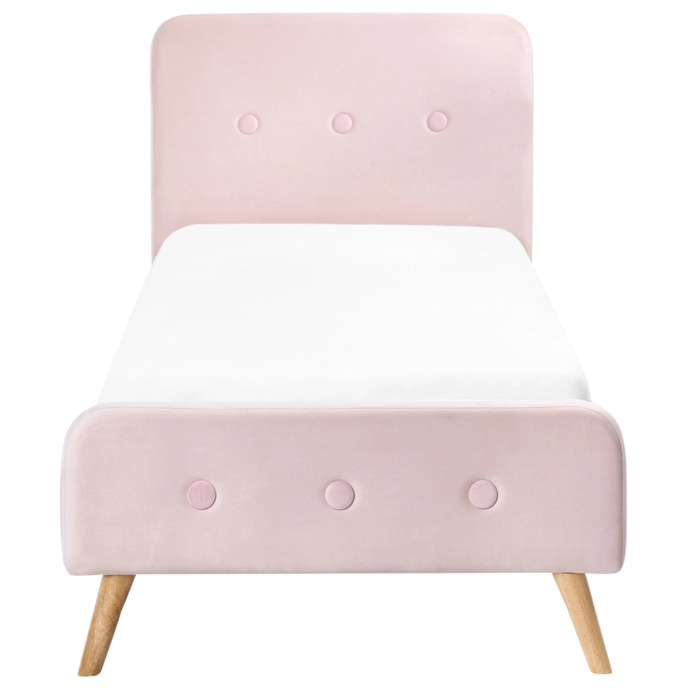 Letto con rete rivestito in velluto rosa pastello gambe in legno, 90 x 200 cm design moderno