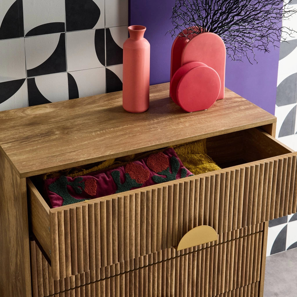 Cassettone con effetto legno di mango a 4 cassetti, effetto legno