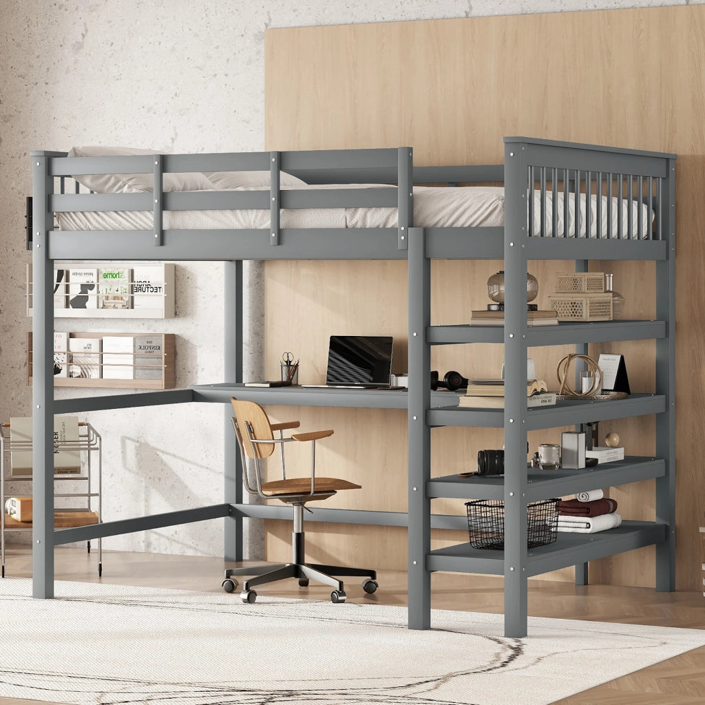 Letto a castello per bambini - Zephmum - 140x200 cm - Grigio - Con ripiani e scrivania
