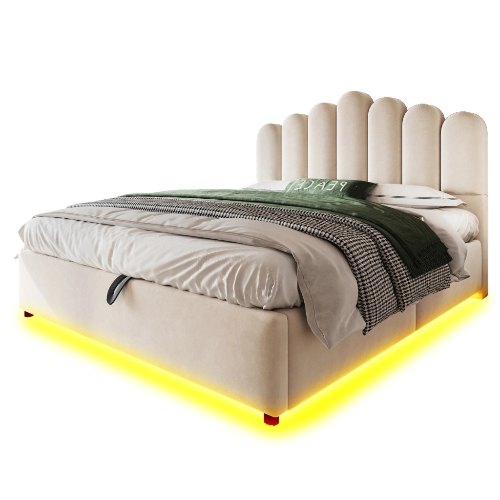 DESMIU Letto contenitore 140 × 200 cm 2 posti con LED e vano idraulico, senza materasso, in velluto, beige