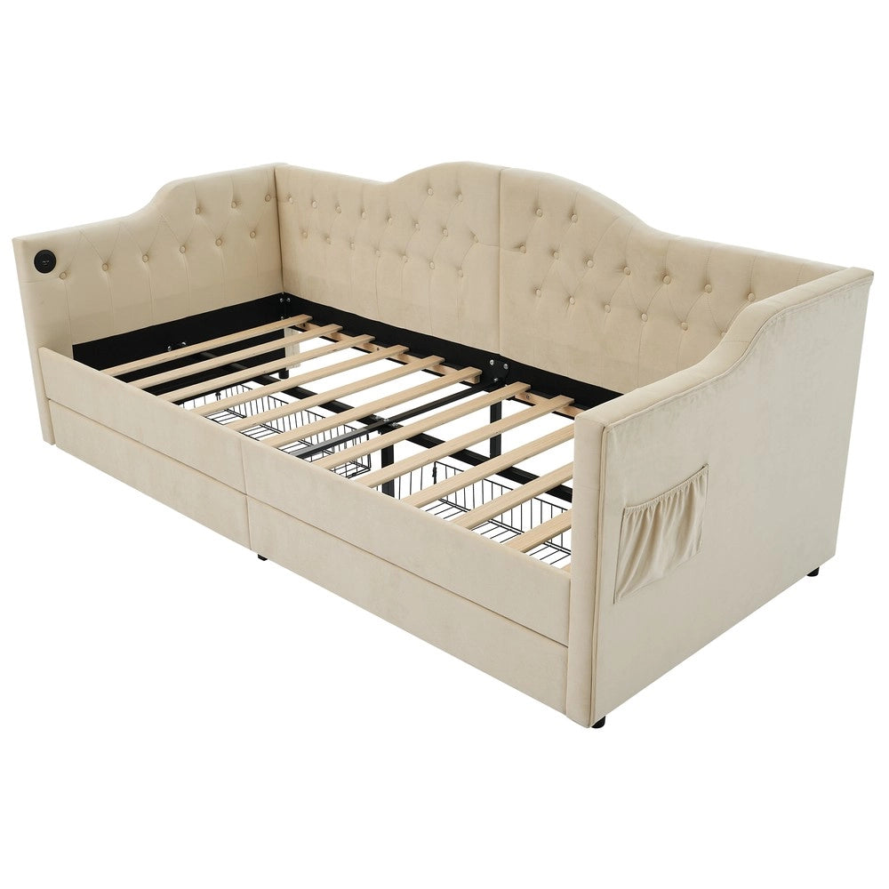 Letto Imbottito Contenitore con USB e 2 Cassetti ¨C MINIMAL ¨C Velluto Beige 90x200