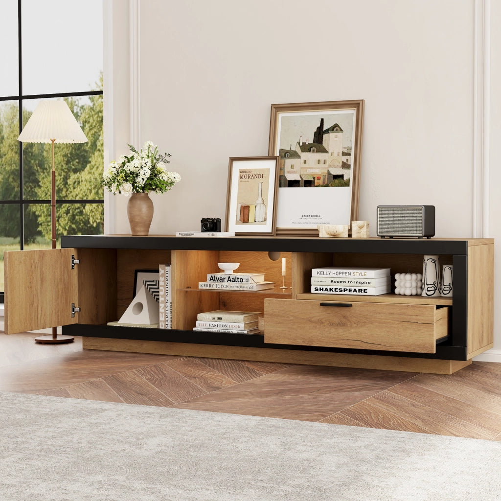 Mobile TV LED moderno con ripiani in vetro, cassetto e vano contenitore, per TV fino a 70 pollici, nero e rovere
