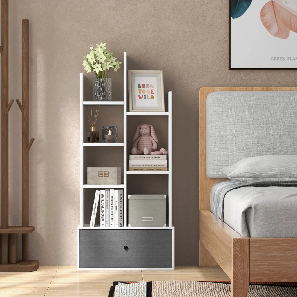 Libreria a 7 piani con cassetto 7 scomparti, Libreria espositiva in legno da 118 cm per soggiorno Bianco-Librerie