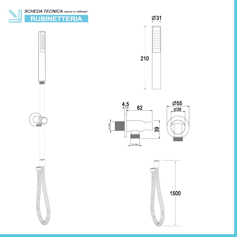 Set doccia con soffione in ABS braccio estendibile 35-50 cm in ottone cromo e kit doccino
