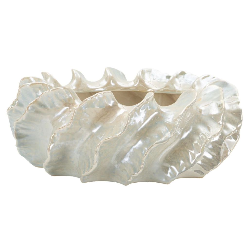 Cachepot Perly largo in ceramica perlata con decoro a conchiglia