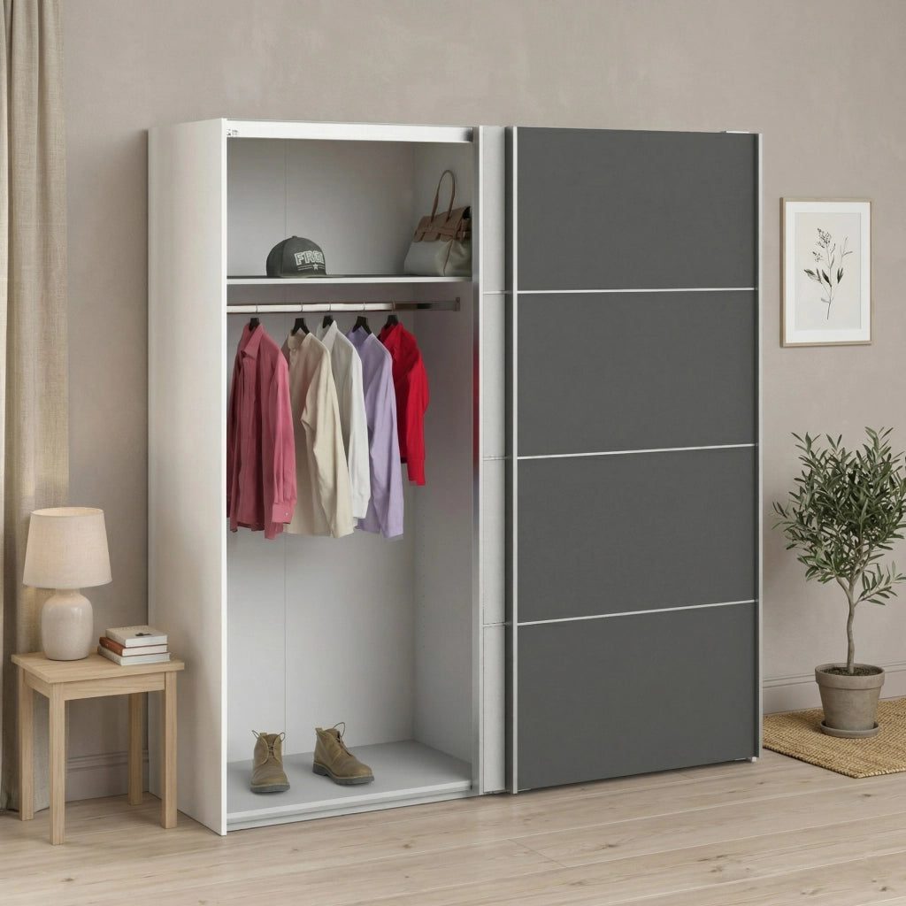 Guardaroba 2 ante Anela, Mobile camera da letto, Cabina armadio portabiti, Armadio appendiabiti, 182x64 h202 cm, Grigio e Bianco
