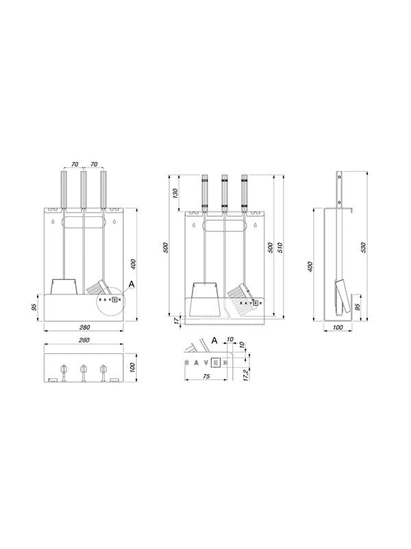 Set attrezzi per camino 3 pezzi in acciaio e legno - Set 3 L