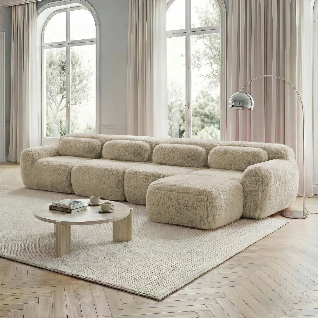 Divano angolare modulare 4 Posti con chaise longue, senza montaggio, seduta ampia, in Peluche, Cachi Chiaro