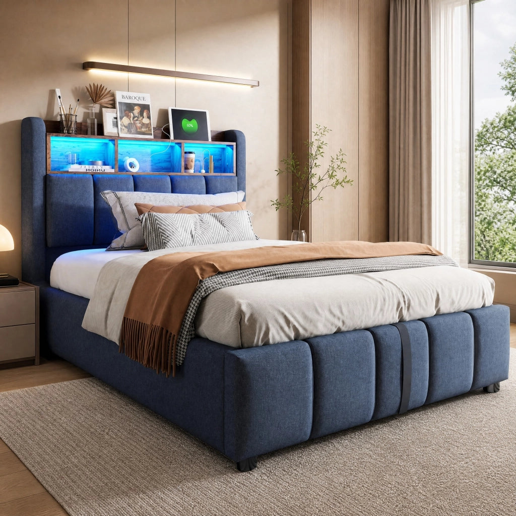 LETTO imbottito 90x200 cm Grigio con LED, USB e vano contenitore