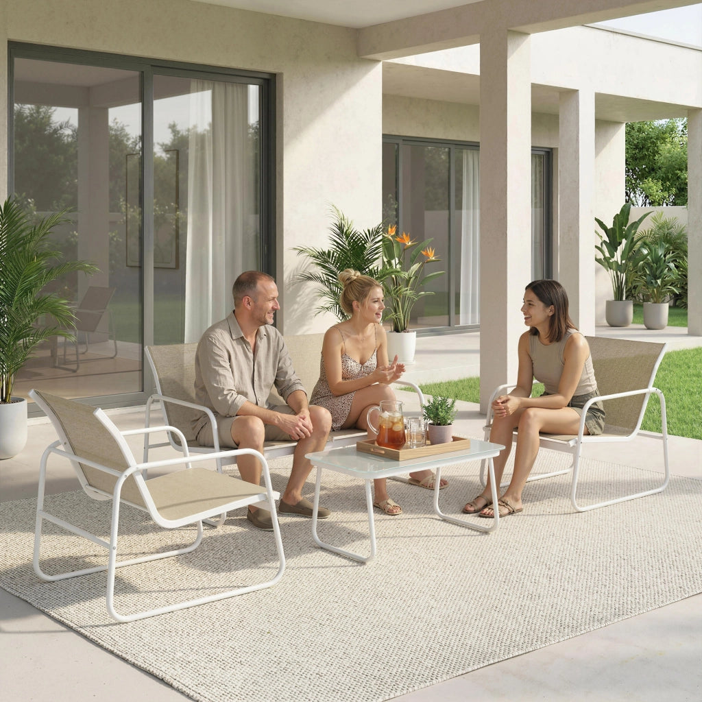 Set da Giardino 4 Pezzi con Divano, Poltrone, Tavolino, Khaki e Bianco