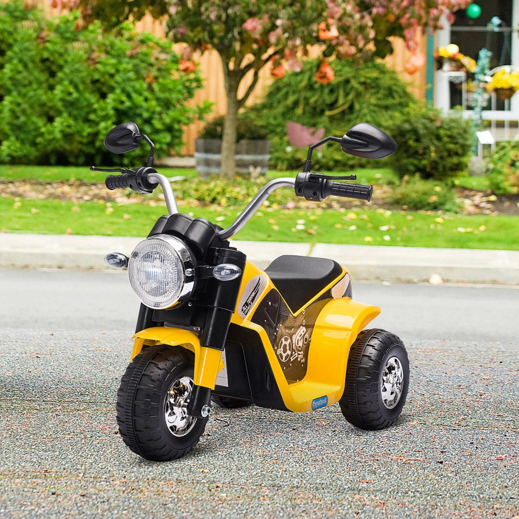Moto Elettrica per Bambini a 3 Ruote con Luci e Suoni, Batteria Ricaricabile 6V, Velocit¨¤ 2 km/h, per Bimbi da 18-36 Mesi, 72cmx57cmx56cm Gialla