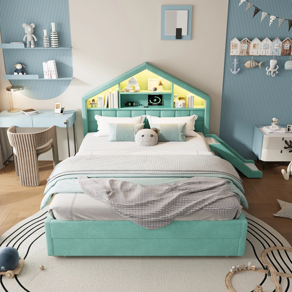 letto per bambini velluto blu verde 140x200 cm