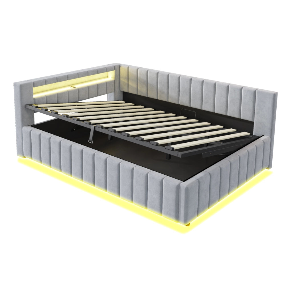 Letto imbottito 140x200 con contenitore idraulico, LED e USB grigio