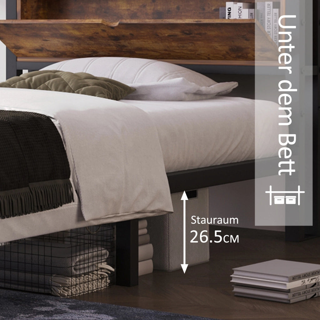 Letto singolo in metallo con testiera contenitore; doghe in metallo; nero; 90x200 cm; senza materasso