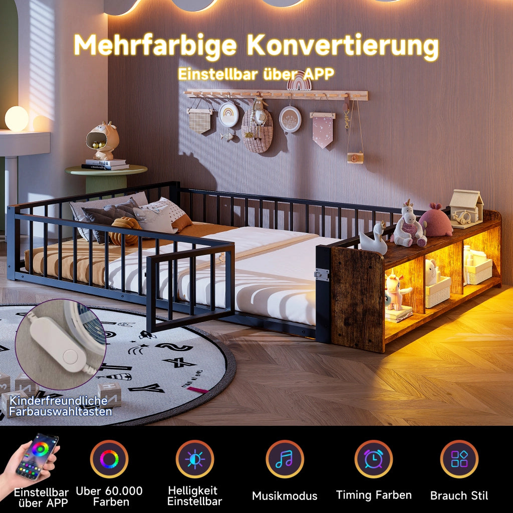 DESMIU Letto con barriera 2 posti, vano a giorno e LED, 140 × 200 cm, senza materasso, metallo e MDF nero