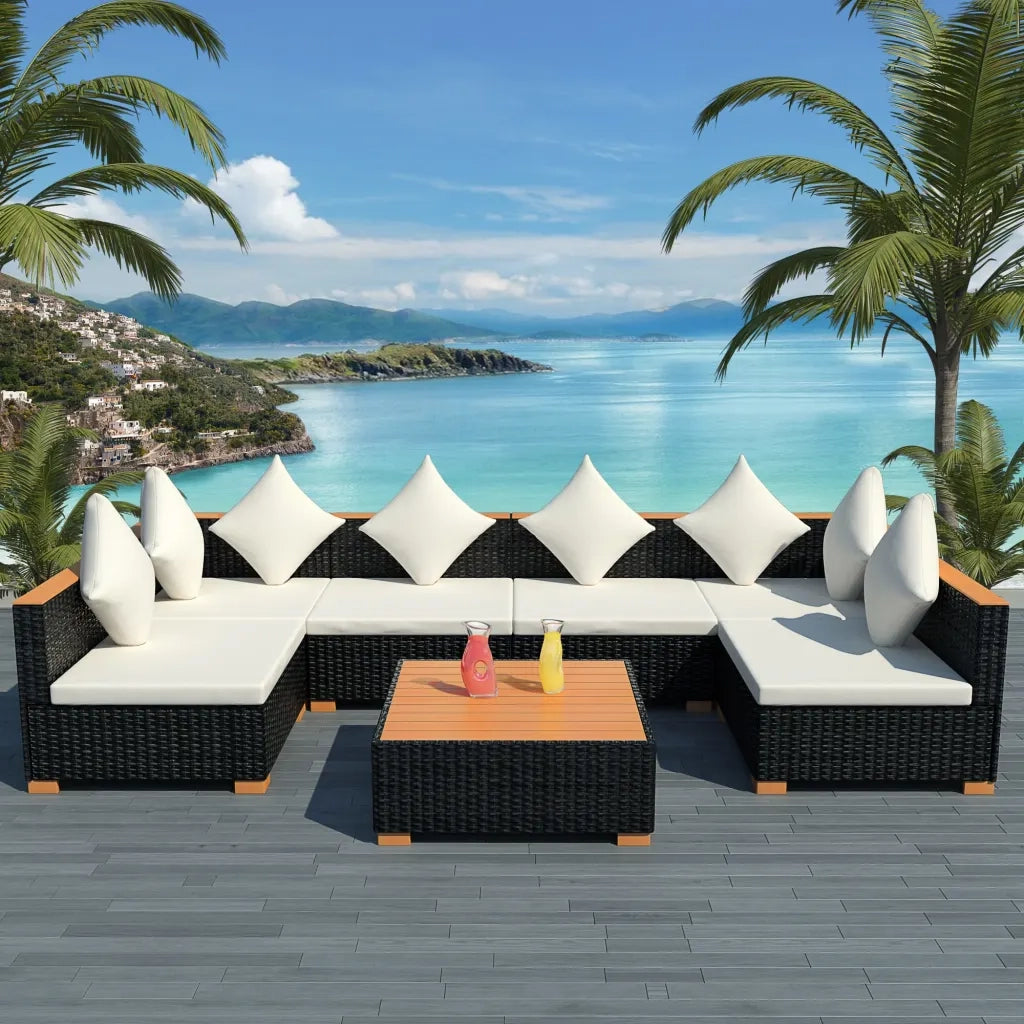Set Divani da Giardino 7 pz con Cuscini in Polyrattan Nero 42751