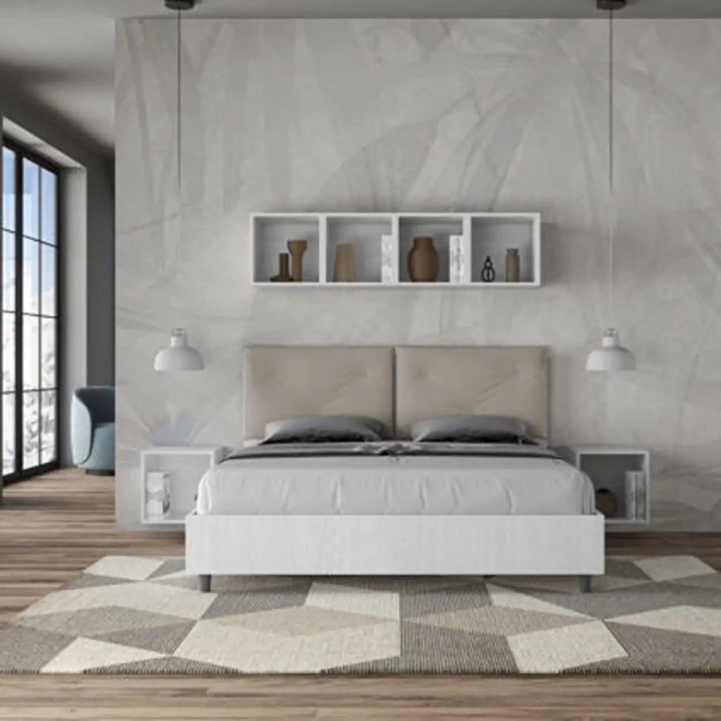 Letto matrimoniale senza rete 160x190 bianco frassino cuscini similpelle tortora Egos Appia