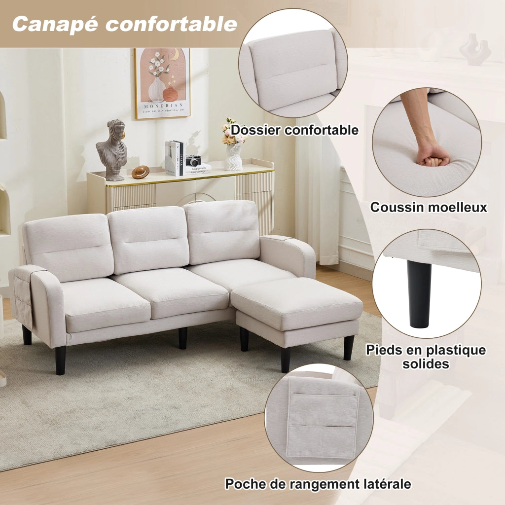 Divano Angolare 3 Posti con Chaise Longue e Tasche laterali in Tessuto Beige 204 × 136 × 80 cm