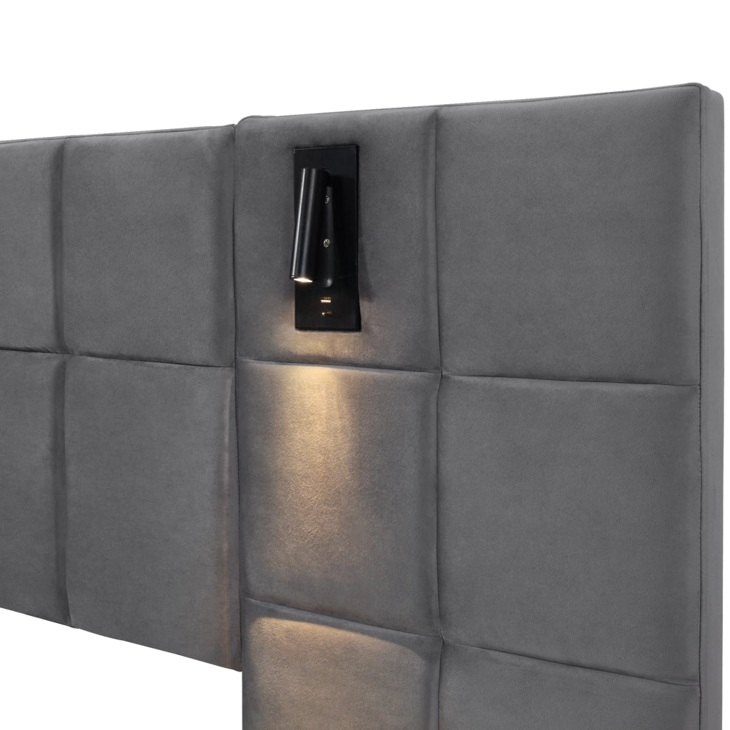 OKWISH Letto Contenitore 180×200 cm, Letto Matrimoniale con Contenitore, Lampada da Lettura Regolabile e USB, senza Materasso, Acciaio, Grigio
