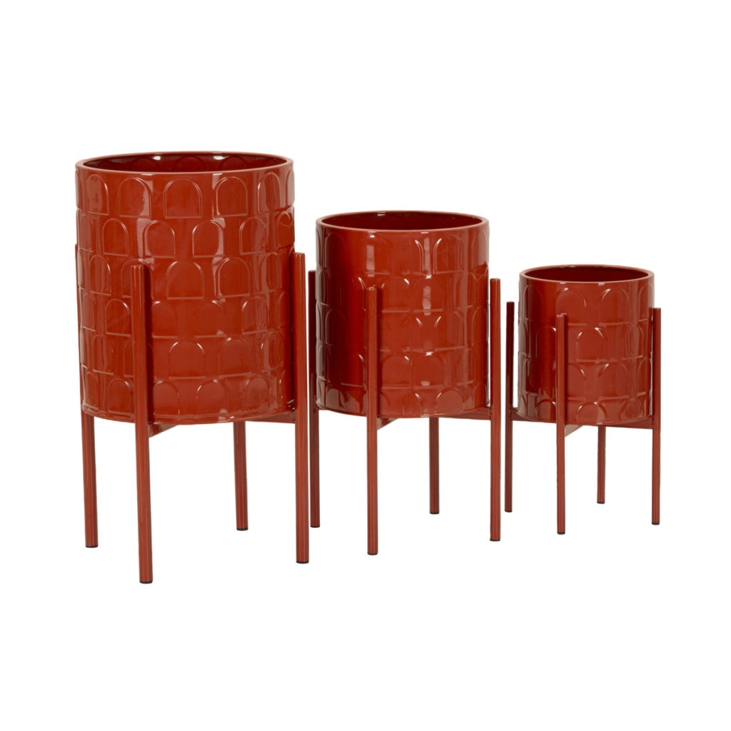 Set di 3 Vasi per Piante VKH426, Rosso, Metallo, 36x36x56,5 cm