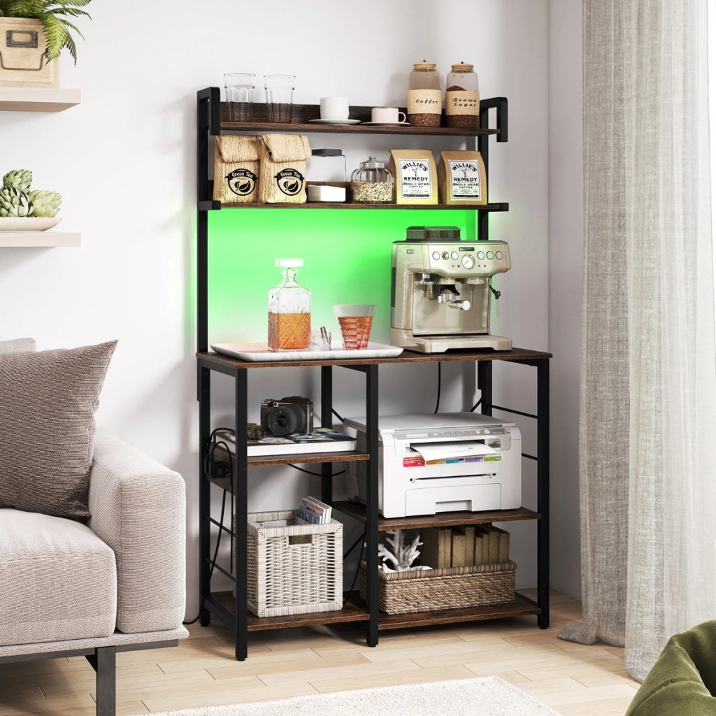 Supporto per forno a microonde a 5 ripiani con luci LED per sala da pranzo, Scaffale da cucina con presa di corrente Marrone