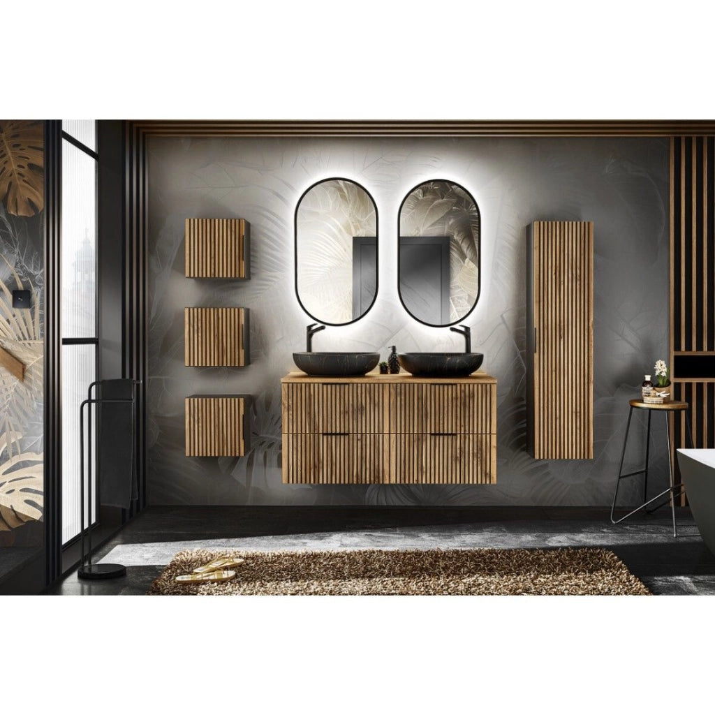 Set KINOKO : mobili sotto lavabo + 2 lavabi neri rotondi da appoggio + 2 specchi LED + mobili contenitori