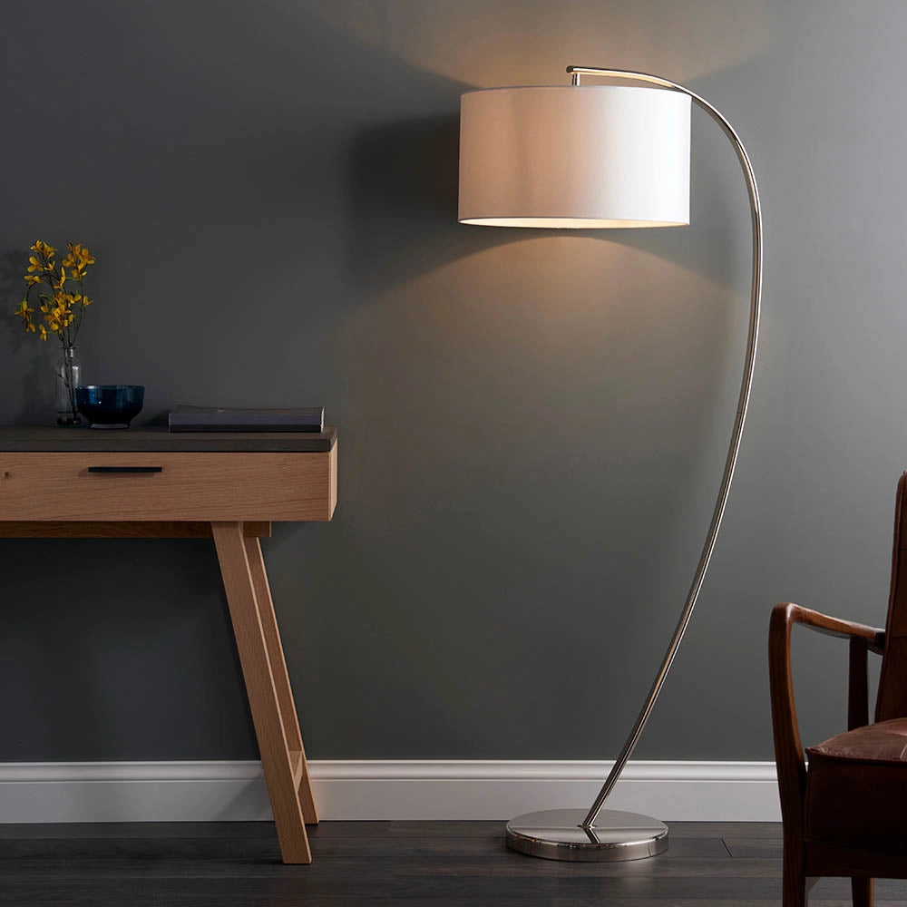 Lampada da terra arco moderna nichel, paralume bianco E27 Endon