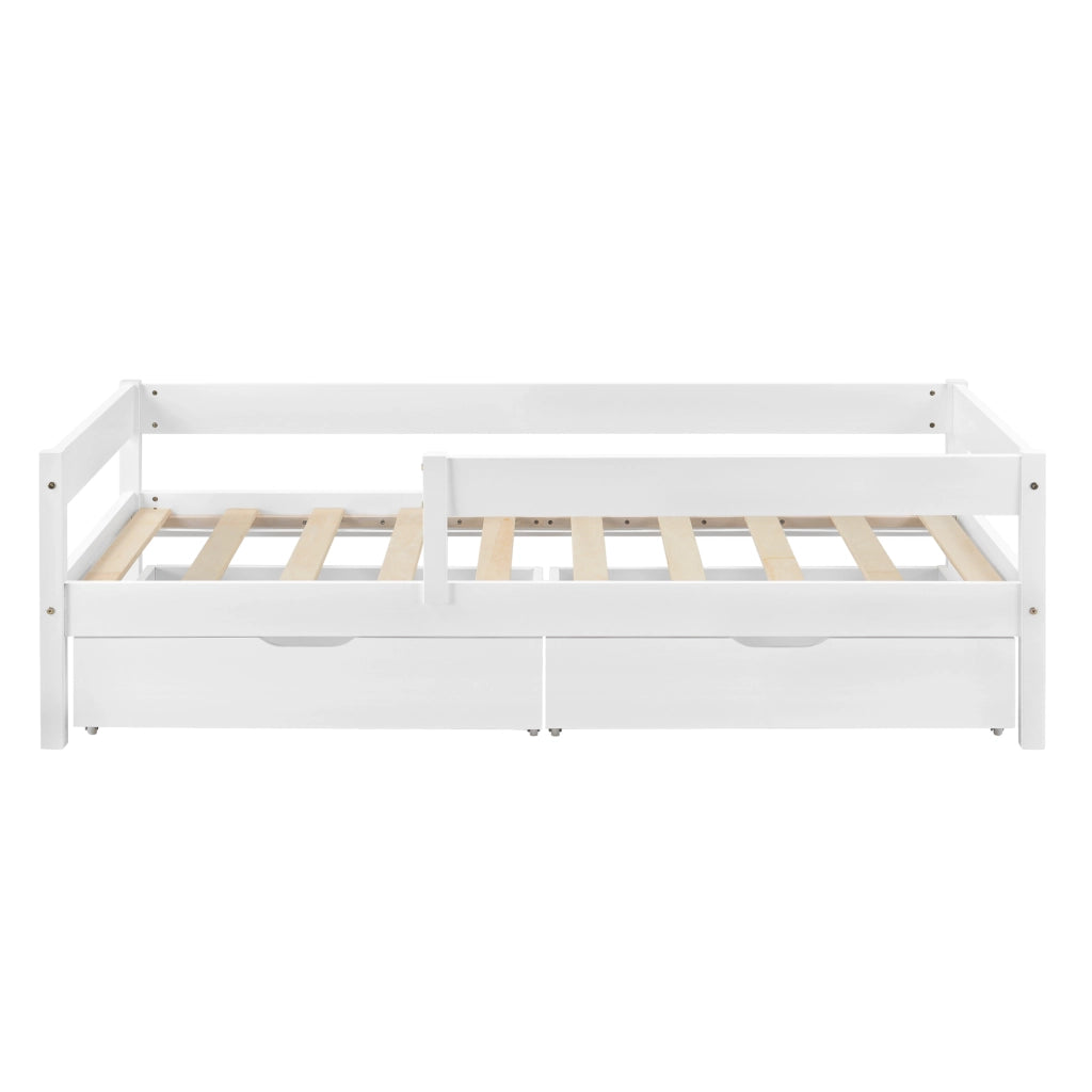 Letto per Bambino/Gioventú con 2 Cassetti Portabiancherie e Materasso Ipoallergenico a Schiuma Fredda 90x200 cm Lettino in Legno di Pino con Corrimano Laterale - Bianco