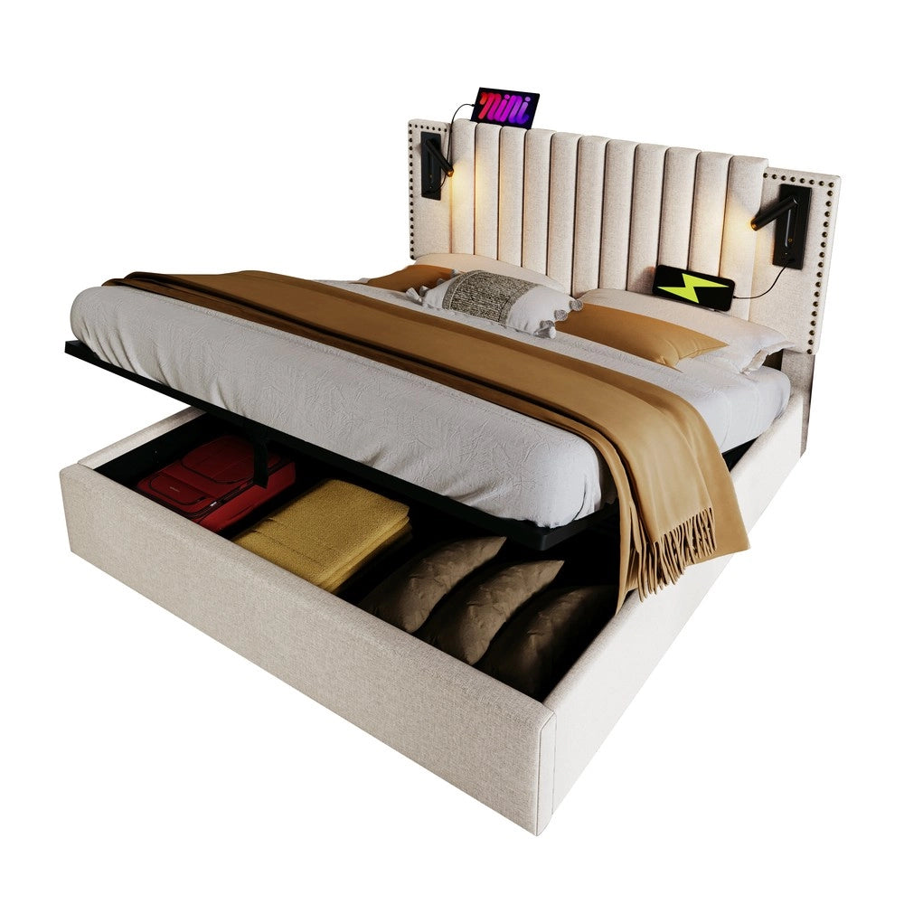 Letto Imbottito Contenitore 160x200 con Materasso ¨C Xylo ¨C Beige, Testiera LED USB, Similpelle