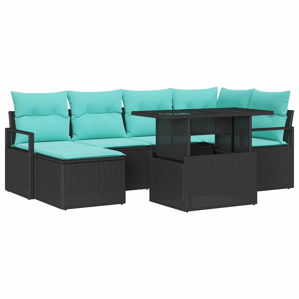 Set Divano da Giardino 7 pcs Nero e Blu Poly Rattan 3348862