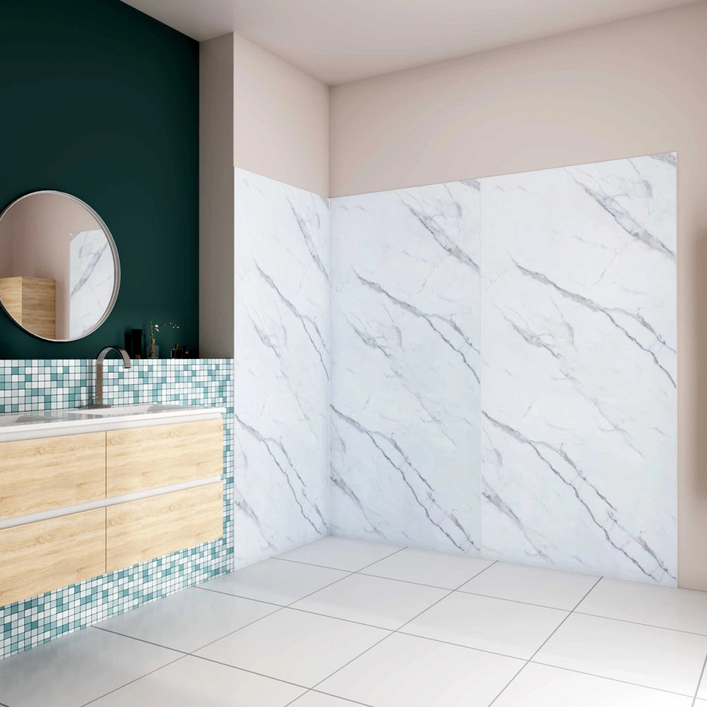 H.210 cm Pannello Doccia ad Angolo 80x80x90 cm Realizzato in Alluminio da 3 mm con Profili Finitura Bianco Alba per Rivestimento Parete Bagno