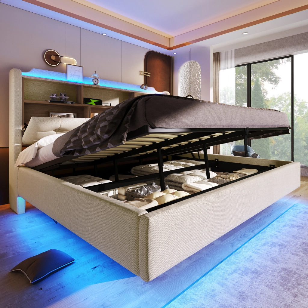 DESMIU Letto contenitore 180 × 200 cm 2 posti con LED, USB, Type-C, senza materasso, beige