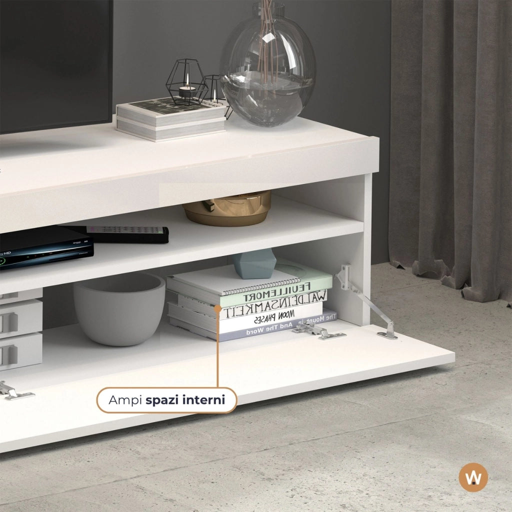 WHOUS Mobile porta tv Potenza con 2 ante e 2 vani bianco lucido 200x40x36 cm
