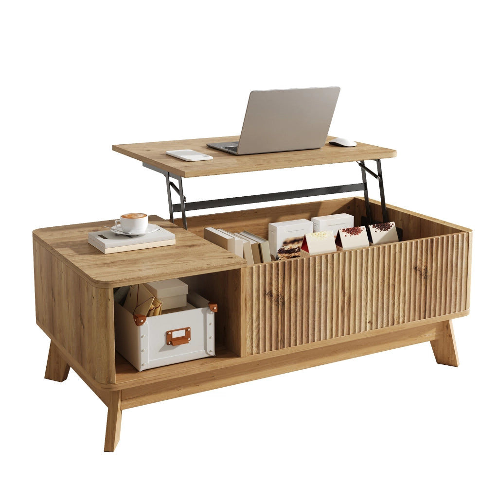 Tavolino da salotto con piano sollevabile 95x48x50 cm in MDF naturale; con vano portaoggetti