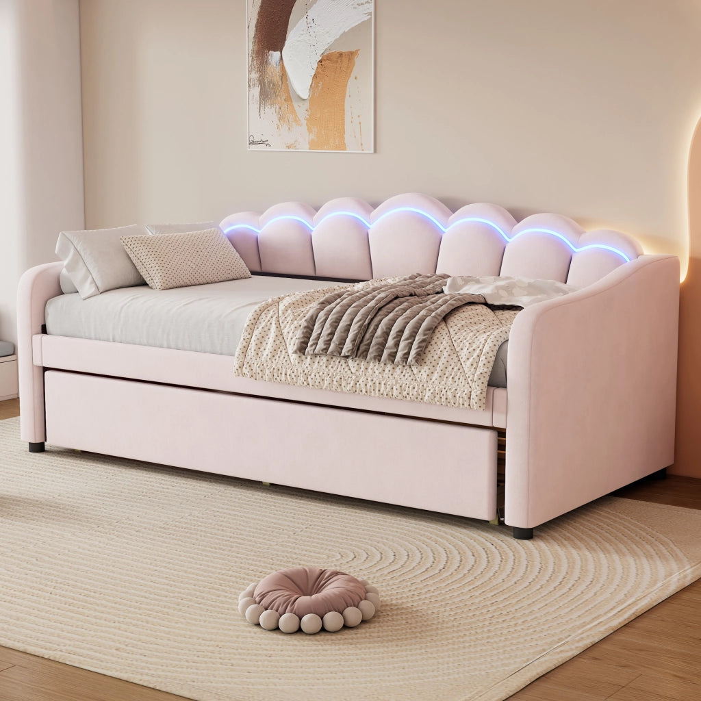 Divano letto in velluto con letto estraibile e LED colorati con telecomando; rosa; 90x200 cm; senza materasso