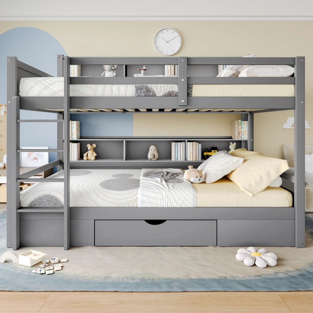 Letto a castello 90×200 cm; 3 posti con cassetto; vani portaoggetti; senza materasso; in pino grigio