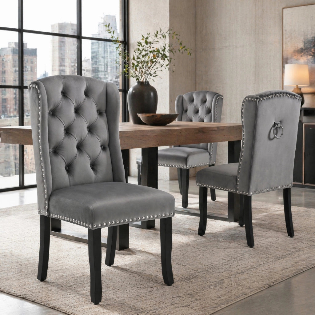 Sedie da pranzo moderne in velluto grigio; set 2 pezzi; gambe in rovere; schienale curvo