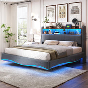 LETTO Imbottito 160x200 cm Grigio con LED, USB e Type-C