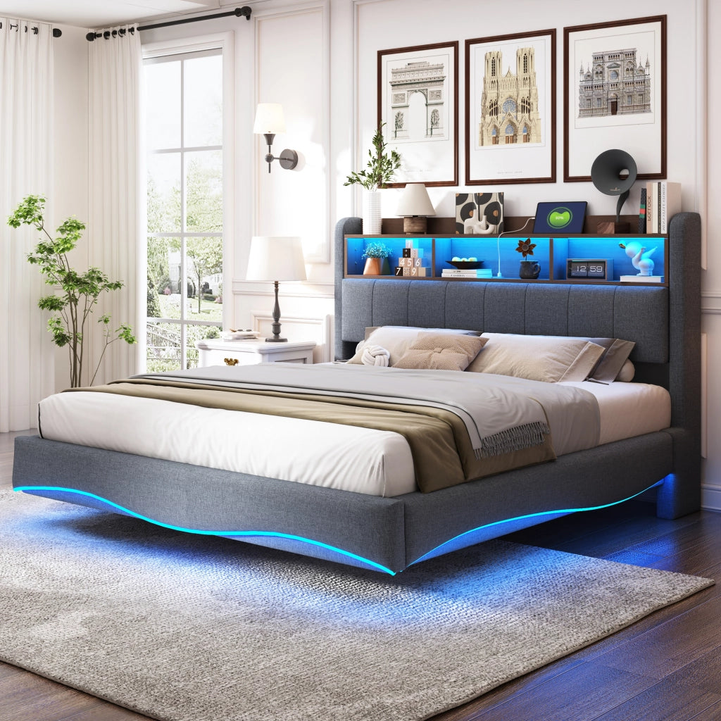 LETTO Imbottito 160x200 cm Grigio con LED, USB e Type-C