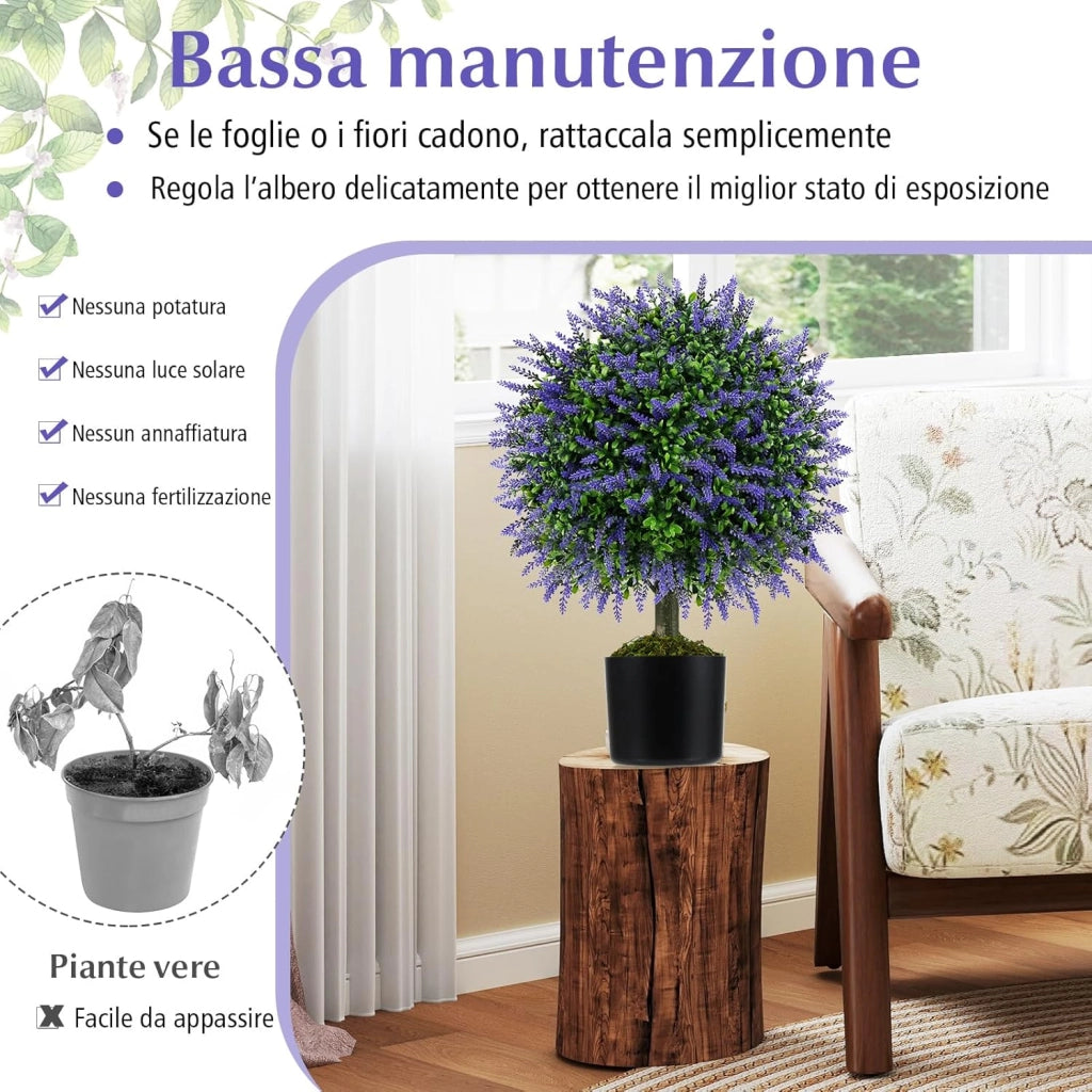 Set di 2 Alberi di Topiario Artificiale con Lavanda, Albero di Bosso Finto da 58 cm con Vaso Riempito di Cemento, Pianta Finta Resistente al Sole per Interni ed Esterni