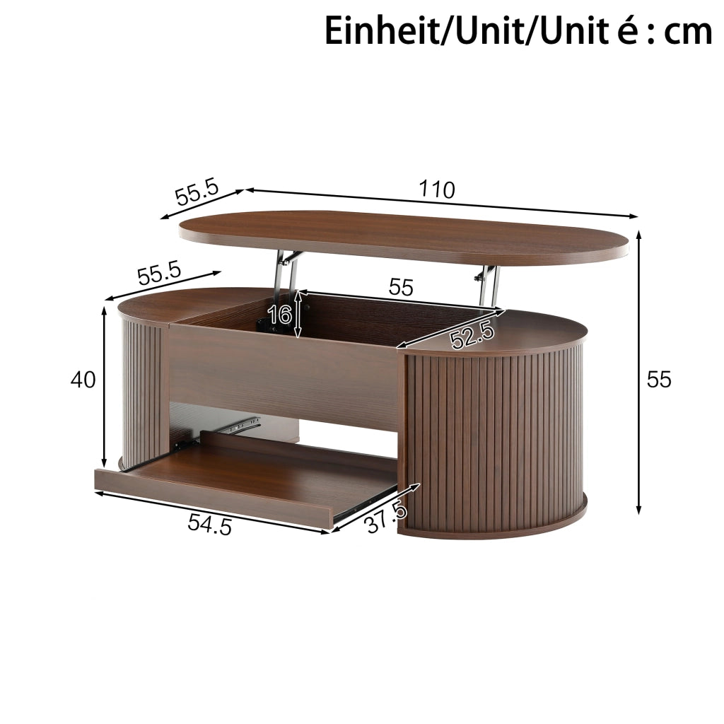 Tavolino da salotto sollevabile con spazio contenitivo e ripiano scorrevole per soggiorno, in MDF, noce naturale, 110 × 55,5 × 40 cm