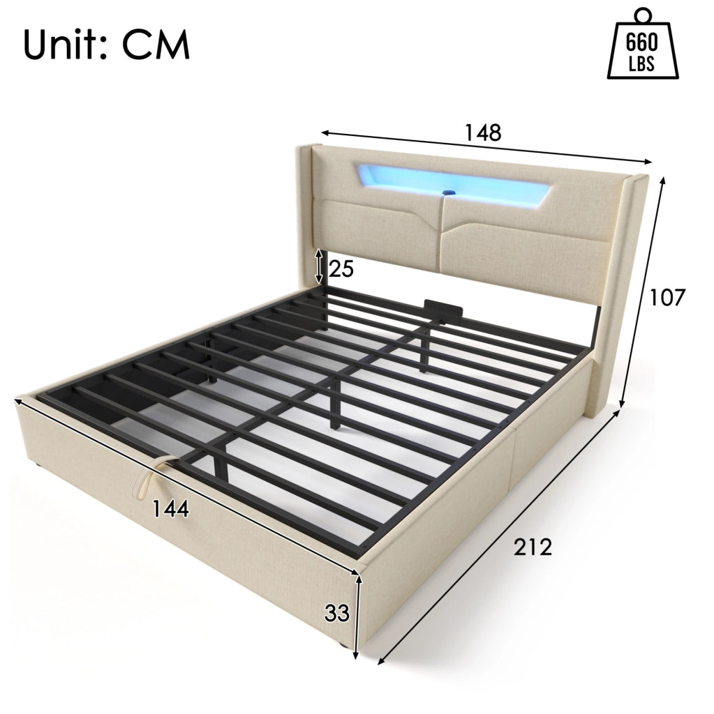 Letto matrimoniale imbottito 140x200 cm in lino beige con LED; USB e Type-C