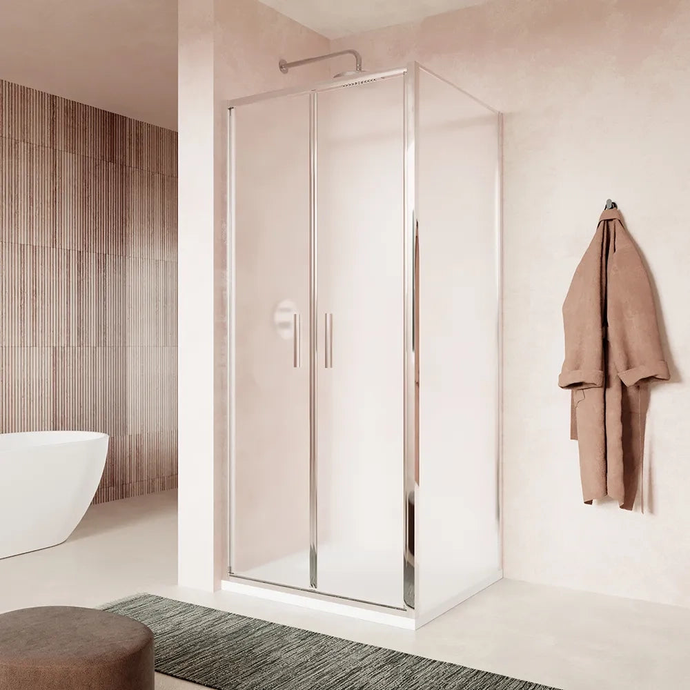 Box doccia slim 80x90cm con porta saloon e parete fissa profili cromati e vetro 6mm opaco h190| Portofino