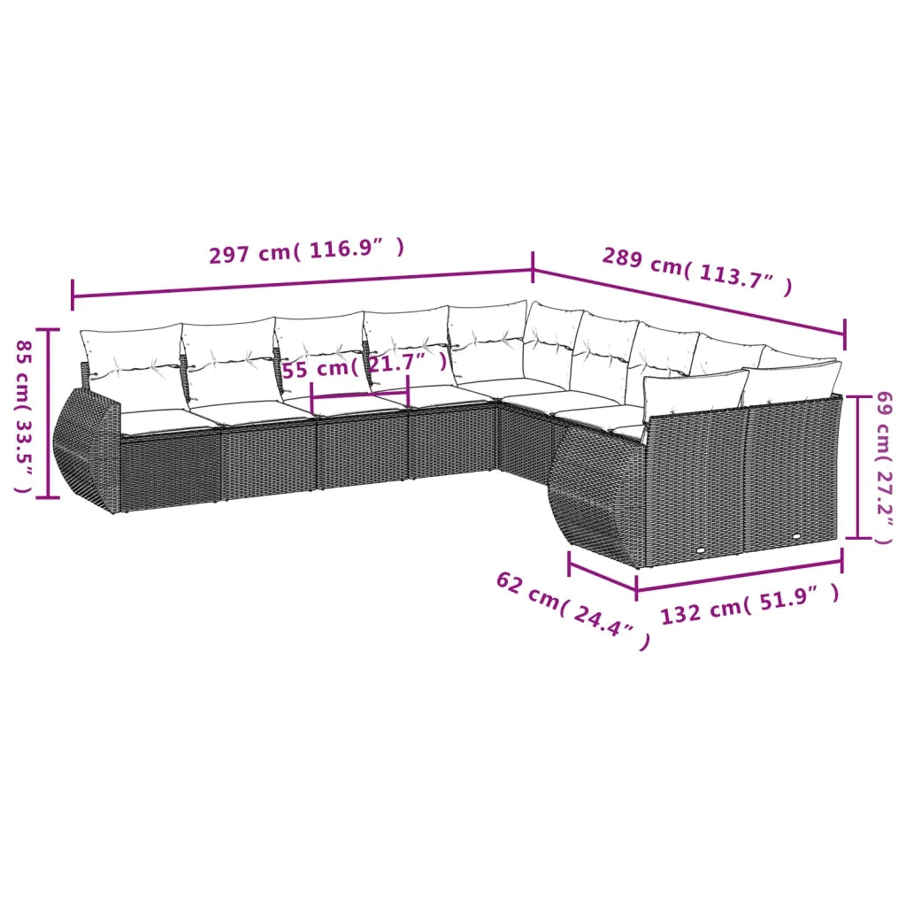 Set Divani da Giardino 10pz con Cuscini in Polyrattan Nero 3221905