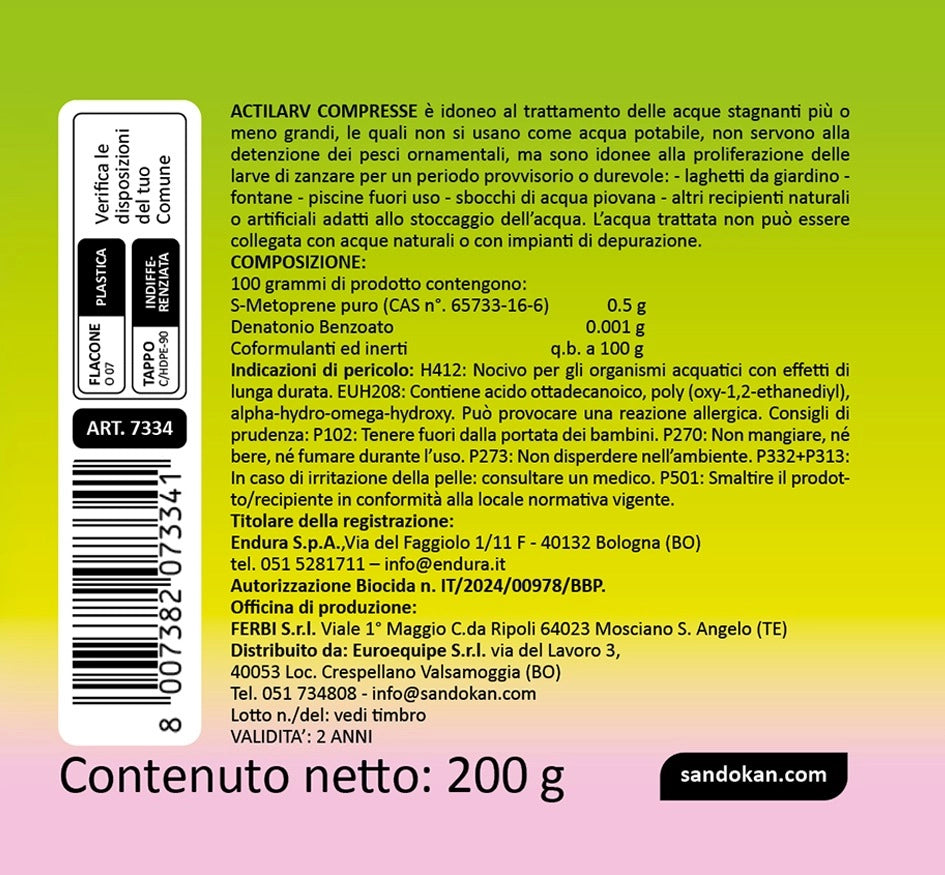 Sandokan, Larvicida Zanzare Pastiglie 100 Compresse Effervescenti Divisibili (200 Trattamenti), Inibitore Crescita S-Metoprene contro Larve Zanzara Tigre, Trattamento Preventivo, Efficacia 4 Settimane, Made In Italy