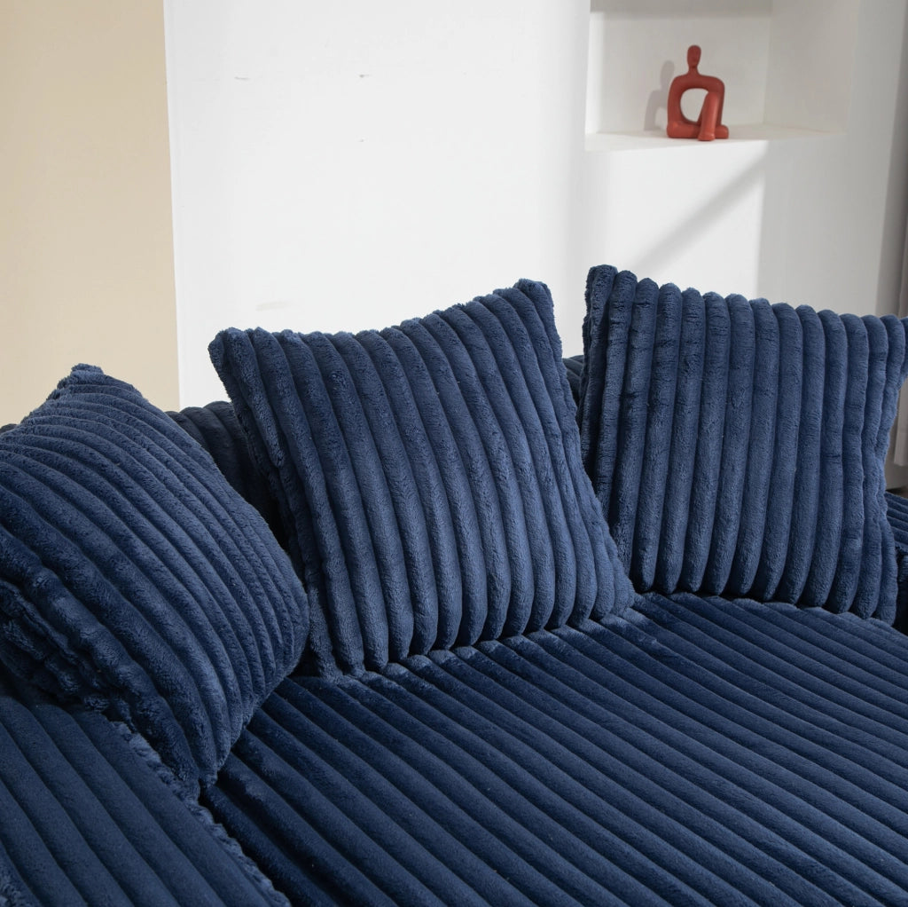 Chaiselongue da interno in corduroy blu navy con 3 cuscini; 125x155x63 cm